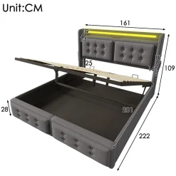 Lit Coffre 160 x 200 Cm - Lit Double avec Tête de Lit LED et Charge USB C - Bois, Coton, Métal - avec Matelas - Gris><noscript><img width=