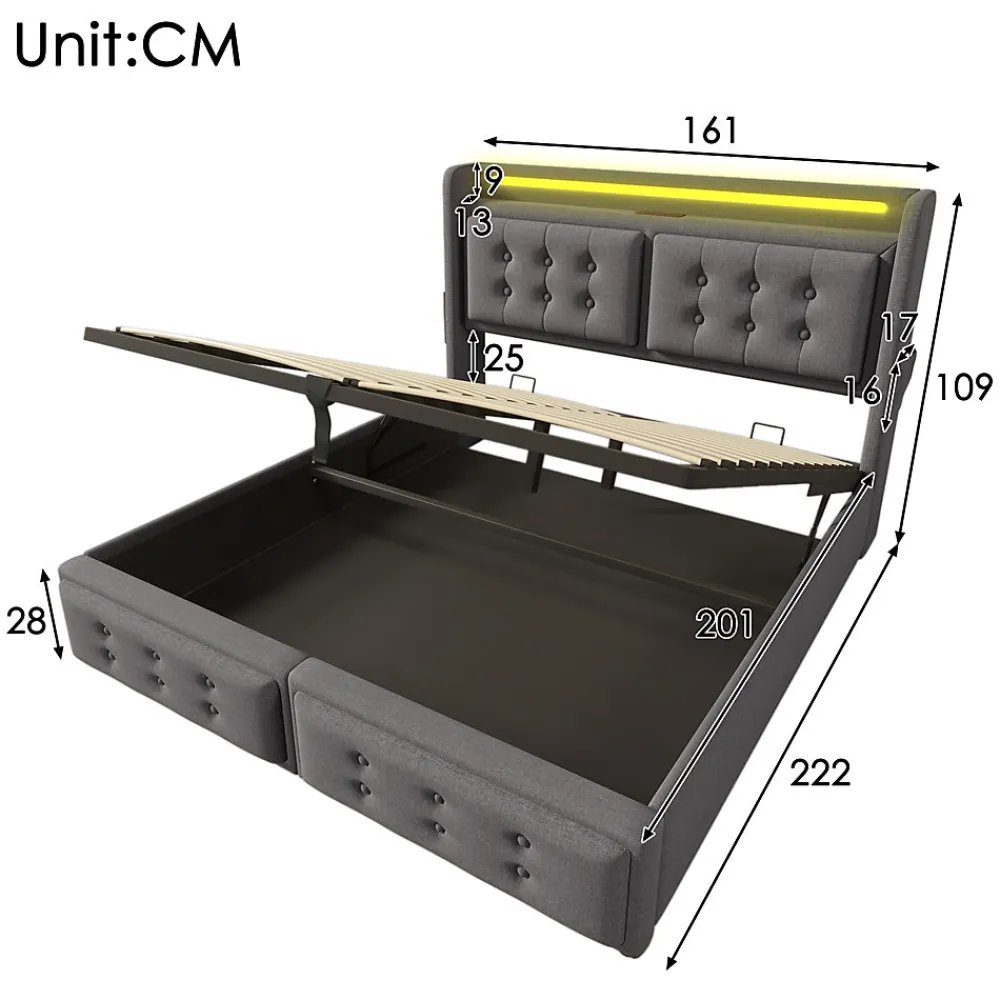 Lit Coffre 160 x 200 Cm - Lit Double avec Tête de Lit LED et Charge USB C - Bois, Coton, Métal - avec Matelas - Gris>Okwish Outlet