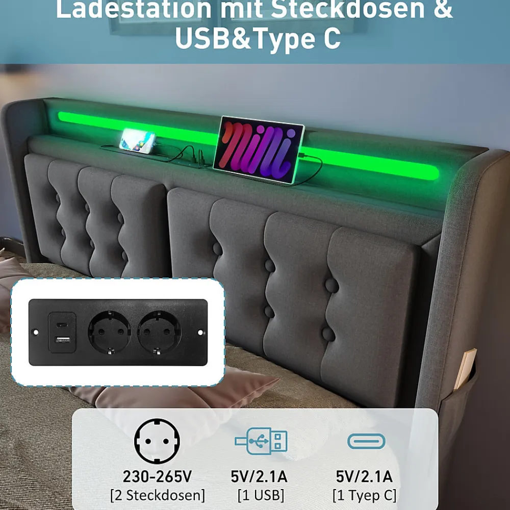 Lit Coffre 160 x 200 Cm - Lit Double avec Tête de Lit LED et Charge USB C - Bois, Coton, Métal - avec Matelas - Gris>Okwish Outlet