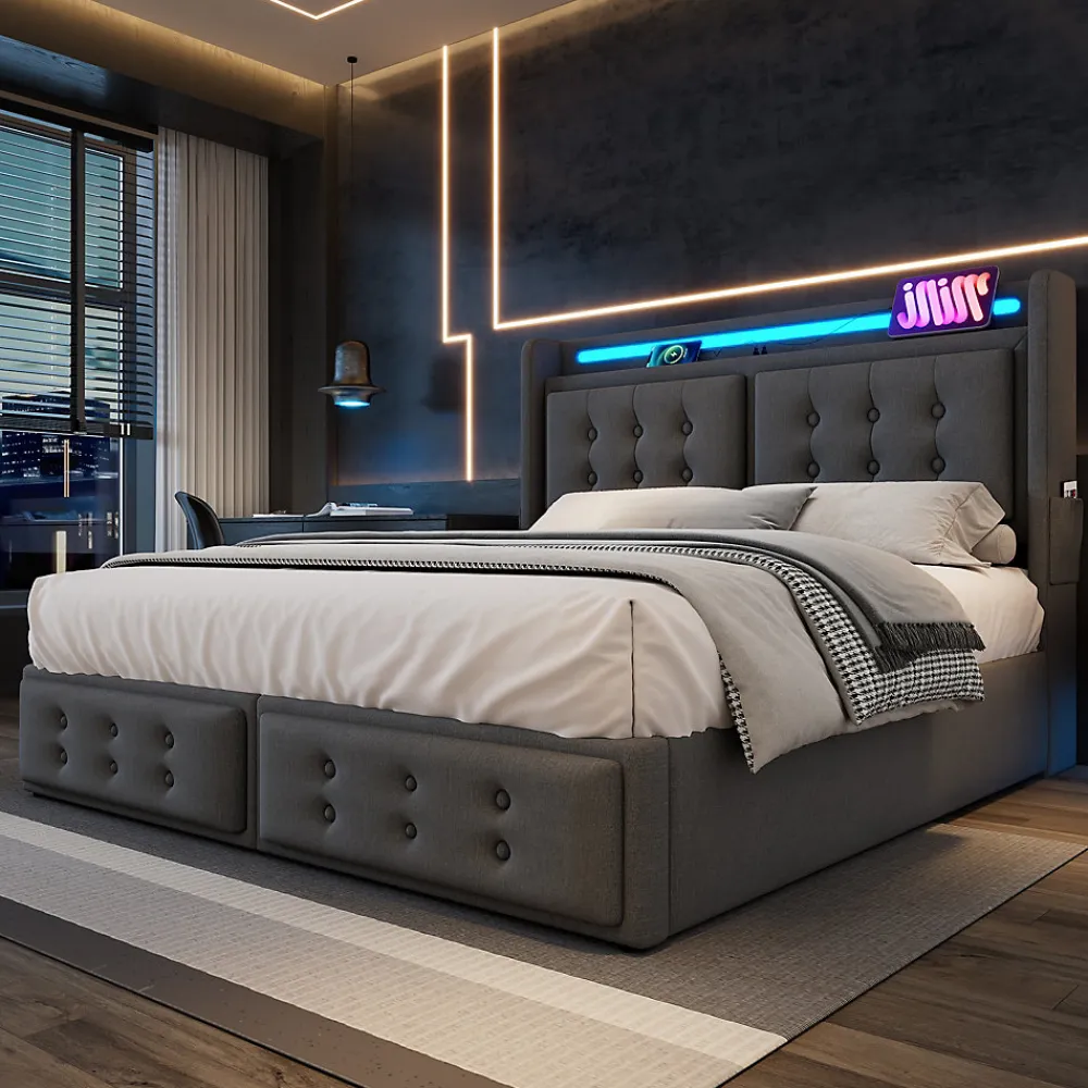 Lit Coffre 160 x 200 Cm - Lit Double avec Tête de Lit LED et Charge USB C - Bois, Coton, Métal - avec Matelas - Gris>Okwish Outlet