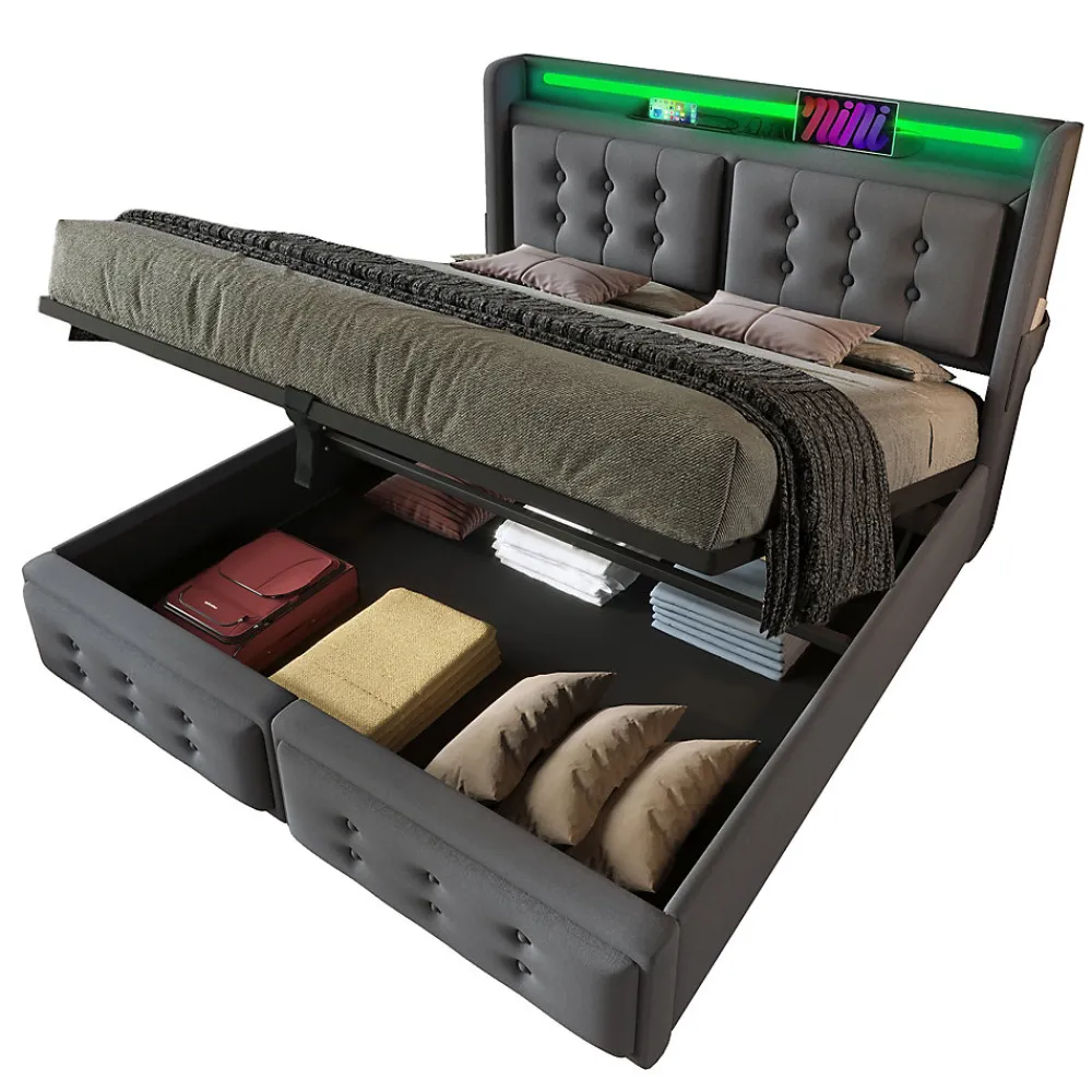 Lit Coffre 160 x 200 Cm - Lit Double avec Tête de Lit LED et Charge USB C - Bois, Coton, Métal - avec Matelas - Gris>Okwish Outlet