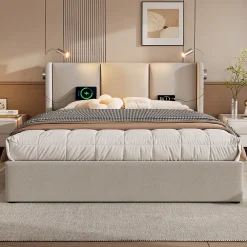 Okwish Lit Coffre 140 x 200 Cm - Lit Double avec Lampe de Lecture et Charge USB - Bois Massif et Lin - Sans Matelas - Beige* Lit Coffre