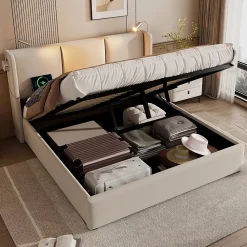 Okwish Lit Coffre 140 x 200 Cm - Lit Double avec Lampe de Lecture et Charge USB - Bois Massif et Lin - Sans Matelas - Beige* Lit Coffre
