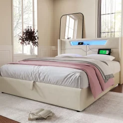 Lit coffre 160 x 200 cm - Lit double avec USB Type-C et LED - Lin - Sans Matelas - Beige>Okwish Discount