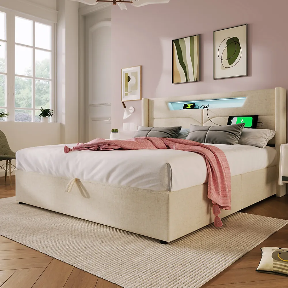 Lit coffre 160 x 200 cm - Lit double avec USB Type-C et LED - Lin - Sans Matelas - Beige>Okwish Discount