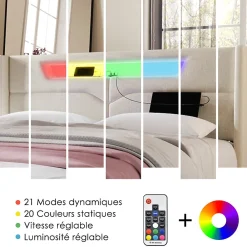 Lit coffre 160 x 200 cm - Lit double avec USB Type-C et LED - Lin - Sans Matelas - Beige><noscript><img width=