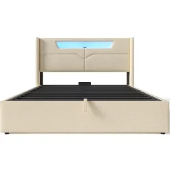 Lit coffre 160 x 200 cm - Lit double avec USB Type-C et LED - Lin - Sans Matelas - Beige><noscript><img width=