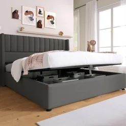 Generique Lit coffre 160 x 200 cm - Lit Double avec Sommier à Lattes - Lin Bois Métal - Sans Matelas - Gris* Lit Coffre