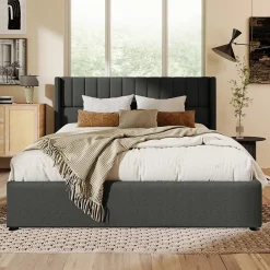 Generique Lit coffre 160 x 200 cm - Lit Double avec Sommier à Lattes - Lin Bois Métal - Sans Matelas - Gris* Lit Coffre