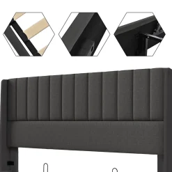 Generique Lit coffre 160 x 200 cm - Lit Double avec Sommier à Lattes - Lin Bois Métal - Sans Matelas - Gris* Lit Coffre
