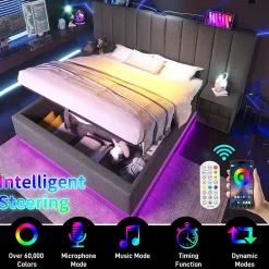 Okwish Lit Coffre 180 x 200 Cm - Lit Double Capitonné avec LED et Charge USB-C - Métal, Lin, Bois Massif - Sans Matelas - Gris* Lit Coffre
