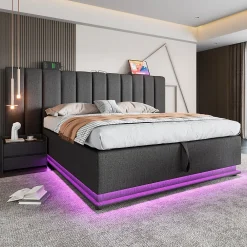 Okwish Lit Coffre 180 x 200 Cm - Lit Double Capitonné avec LED et Charge USB-C - Métal, Lin, Bois Massif - Sans Matelas - Gris* Lit Coffre