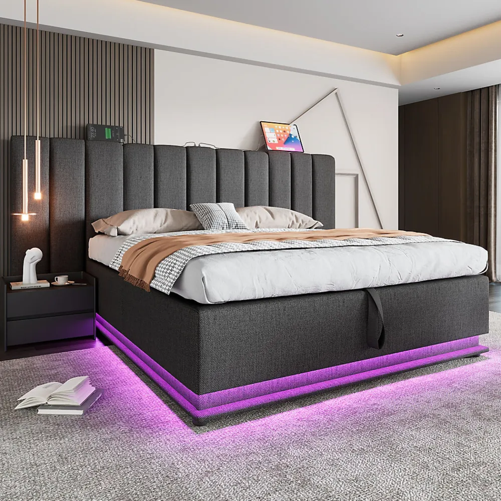 Okwish Lit Coffre 180 x 200 Cm - Lit Double Capitonné avec LED et Charge USB-C - Métal, Lin, Bois Massif - Sans Matelas - Gris* Lit Coffre