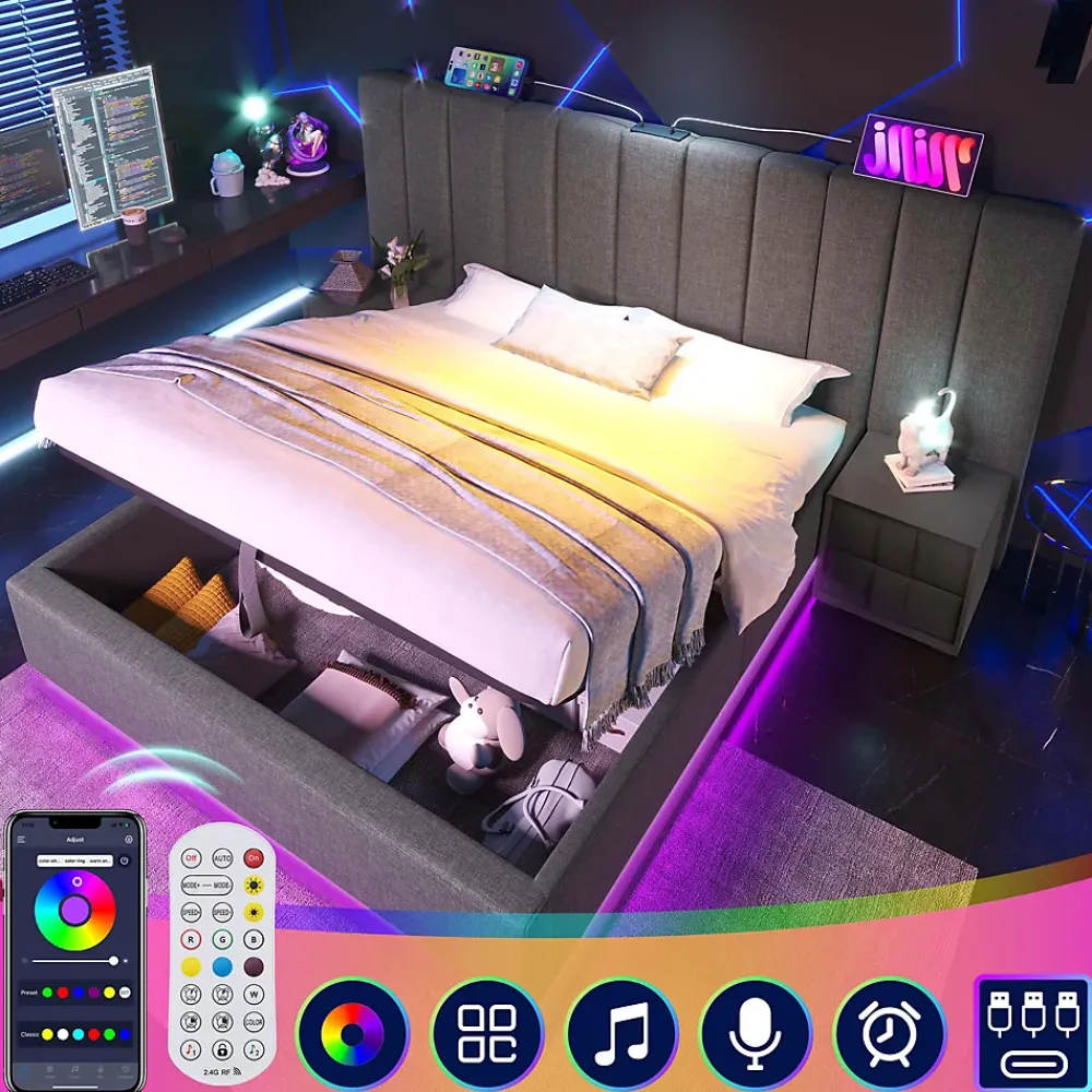 Okwish Lit Coffre 180 x 200 Cm - Lit Double Capitonné avec LED et Charge USB-C - Métal, Lin, Bois Massif - Sans Matelas - Gris* Lit Coffre