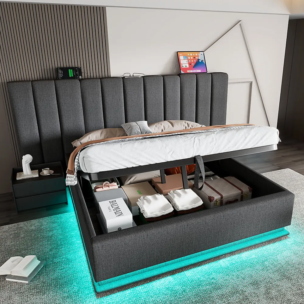 Okwish Lit Coffre 180 x 200 Cm - Lit Double Capitonné avec LED et Charge USB-C - Métal, Lin, Bois Massif - Sans Matelas - Gris* Lit Coffre
