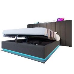 Okwish Lit Coffre 180 x 200 Cm - Lit Double Capitonné avec LED et Charge USB-C - Métal, Lin, Bois Massif - Sans Matelas - Gris* Lit Coffre