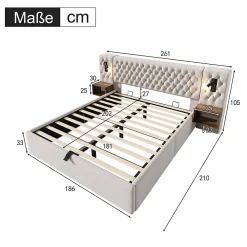 Lit coffre 180 x 200 cm - Lit rembourré avec 2 tables de chevet et lampe de lecture - Velours - Sans Matelas - Beige><noscript><img data-lazyloaded=