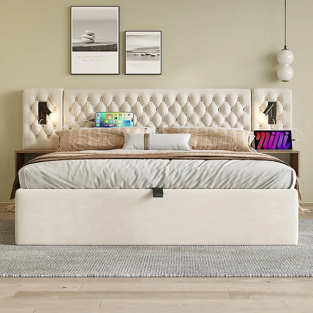 Lit coffre 180 x 200 cm - Lit rembourré avec 2 tables de chevet et lampe de lecture - Velours - Sans Matelas - Beige>Okwish