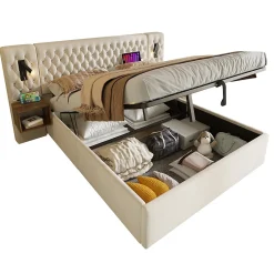 Lit coffre 180 x 200 cm - Lit rembourré avec 2 tables de chevet et lampe de lecture - Velours - Sans Matelas - Beige><noscript><img data-lazyloaded=