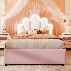 Lit Coffre 90 x 200 cm - Lit Simple Déco avec Mécanisme Hydraulique et LED, Tête de Lit Réglable - PU et MDF - Sans Matelas - Rose>Okwish