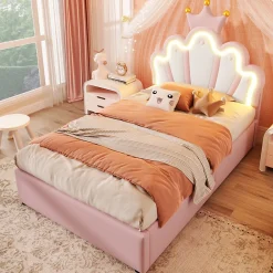 Lit Coffre 90 x 200 cm - Lit Simple Déco avec Mécanisme Hydraulique et LED, Tête de Lit Réglable - PU et MDF - Sans Matelas - Rose><noscript><img width=