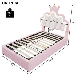 Lit Coffre 90 x 200 cm - Lit Simple Déco avec Mécanisme Hydraulique et LED, Tête de Lit Réglable - PU et MDF - Sans Matelas - Rose><noscript><img width=