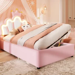 Lit Coffre 90 x 200 cm - Lit Simple Déco avec Mécanisme Hydraulique et LED, Tête de Lit Réglable - PU et MDF - Sans Matelas - Rose><noscript><img width=