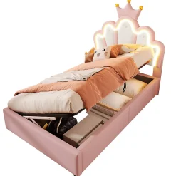 Lit Coffre 90 x 200 cm - Lit Simple Déco avec Mécanisme Hydraulique et LED, Tête de Lit Réglable - PU et MDF - Sans Matelas - Rose><noscript><img width=