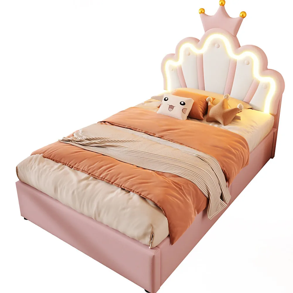 Lit Coffre 90 x 200 cm - Lit Simple Déco avec Mécanisme Hydraulique et LED, Tête de Lit Réglable - PU et MDF - Sans Matelas - Rose>Okwish