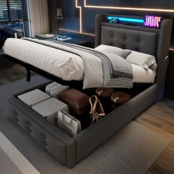 Lit Coffre 90 x 200 Cm - Lit Simple avec Tête de Lit LED et Charge USB C - Bois, Coton, Métal - Sans Matelas - Gris>Okwish