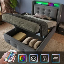 Lit Coffre 90 x 200 Cm - Lit Simple avec Tête de Lit LED et Charge USB C - Bois, Coton, Métal - Sans Matelas - Gris><noscript><img width=
