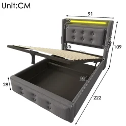 Lit Coffre 90 x 200 Cm - Lit Simple avec Tête de Lit LED et Charge USB C - Bois, Coton, Métal - Sans Matelas - Gris><noscript><img width=