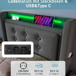 Lit Coffre 90 x 200 Cm - Lit Simple avec Tête de Lit LED et Charge USB C - Bois, Coton, Métal - Sans Matelas - Gris><noscript><img width=