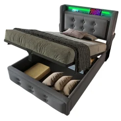 Lit Coffre 90 x 200 Cm - Lit Simple avec Tête de Lit LED et Charge USB C - Bois, Coton, Métal - Sans Matelas - Gris><noscript><img width=