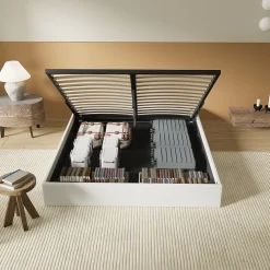 Lit Coffre 140 x 200 cm - Sommier à lattes en bois - Cadre en tissu blanc><noscript><img width=