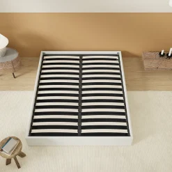 Lit Coffre 140 x 200 cm - Sommier à lattes en bois - Cadre en tissu blanc><noscript><img width=
