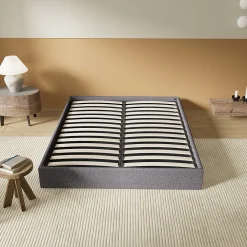 Lit Coffre 140 x 200 cm - Sommier à lattes en bois - Cadre en tissu gris><noscript><img width=
