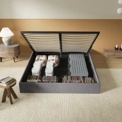 Lit Coffre 140 x 200 cm - Sommier à lattes en bois - Cadre en tissu gris><noscript><img width=