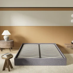 Lit Coffre 140 x 200 cm - Sommier à lattes en bois - Cadre en tissu gris><noscript><img width=