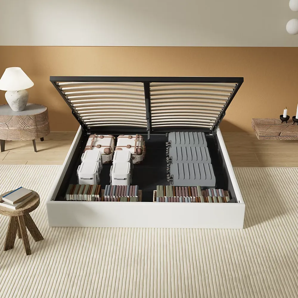 November Lit Coffre 120 x 190 cm - Sommier à lattes en bois - Cadre en tissu blanc* Lit Coffre