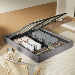 Lit Coffre 160 x 200 cm - Sommier à lattes en bois - Cadre en tissu gris><noscript><img width=
