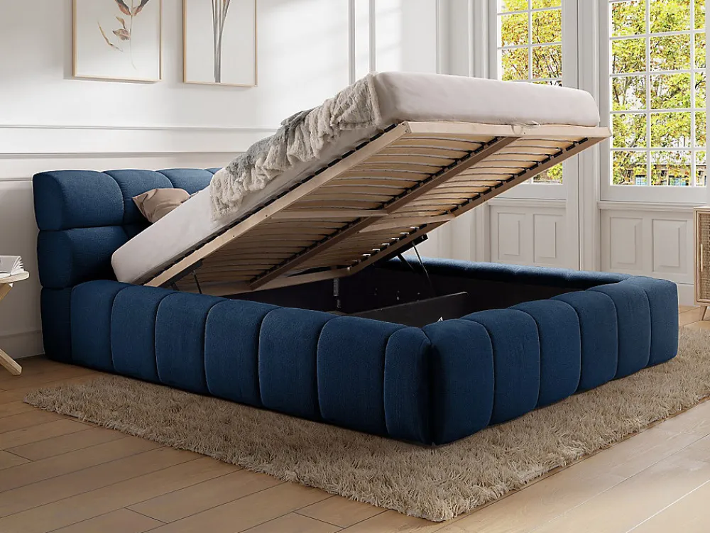 Lit coffre 160 x 200 cm - Tissu - Bleu nuit - FORVIK II>Vente-unique Outlet