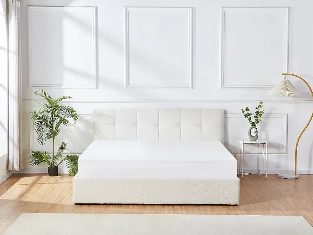 Vente-unique Lit coffre 180 x 200 cm - Tissu bouclette - Blanc + Matelas - MAZIRI* Ensemble Sommier Et Matelas