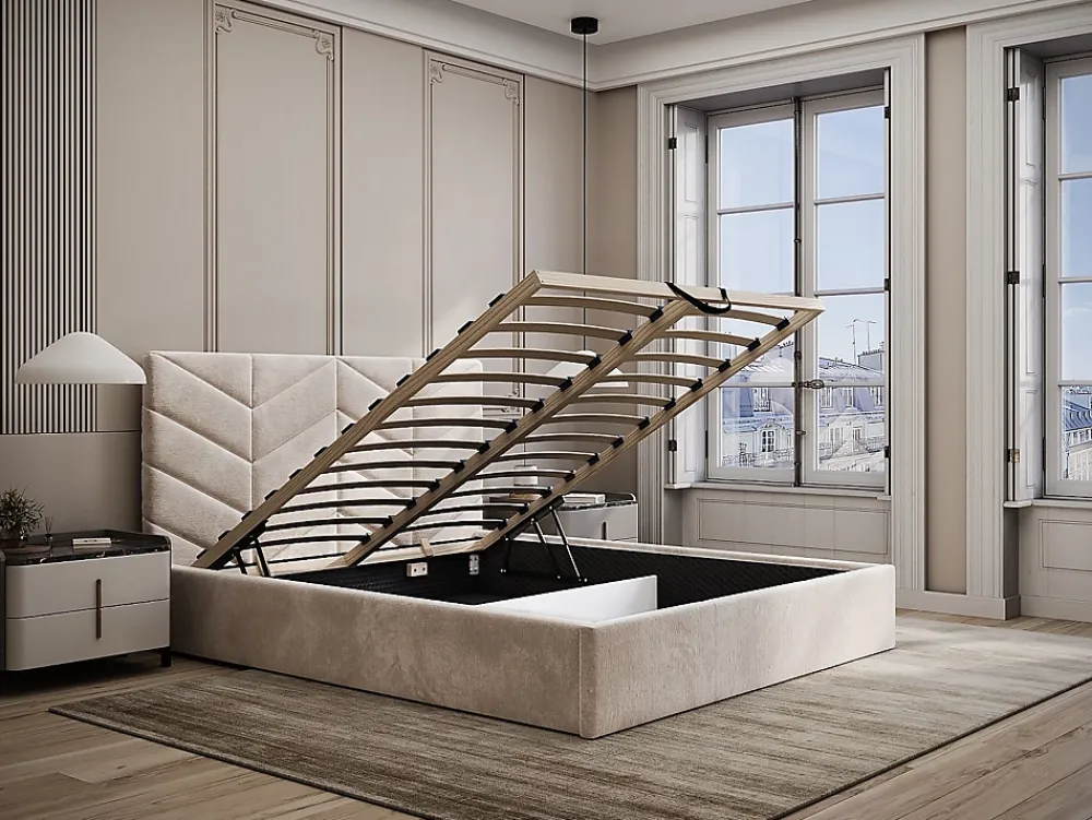 Vente-unique Lit coffre 140 x 190 cm - Tissu texturé - Crème + Matelas - JUSTANI* Ensemble Sommier Et Matelas