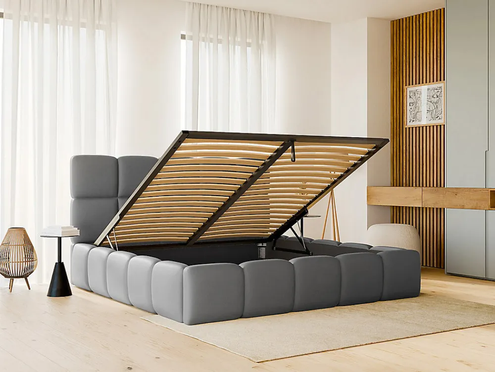 Lit coffre 140 x 190 cm - Tissu effet cuir - Gris - DAMADO>Vente-unique New