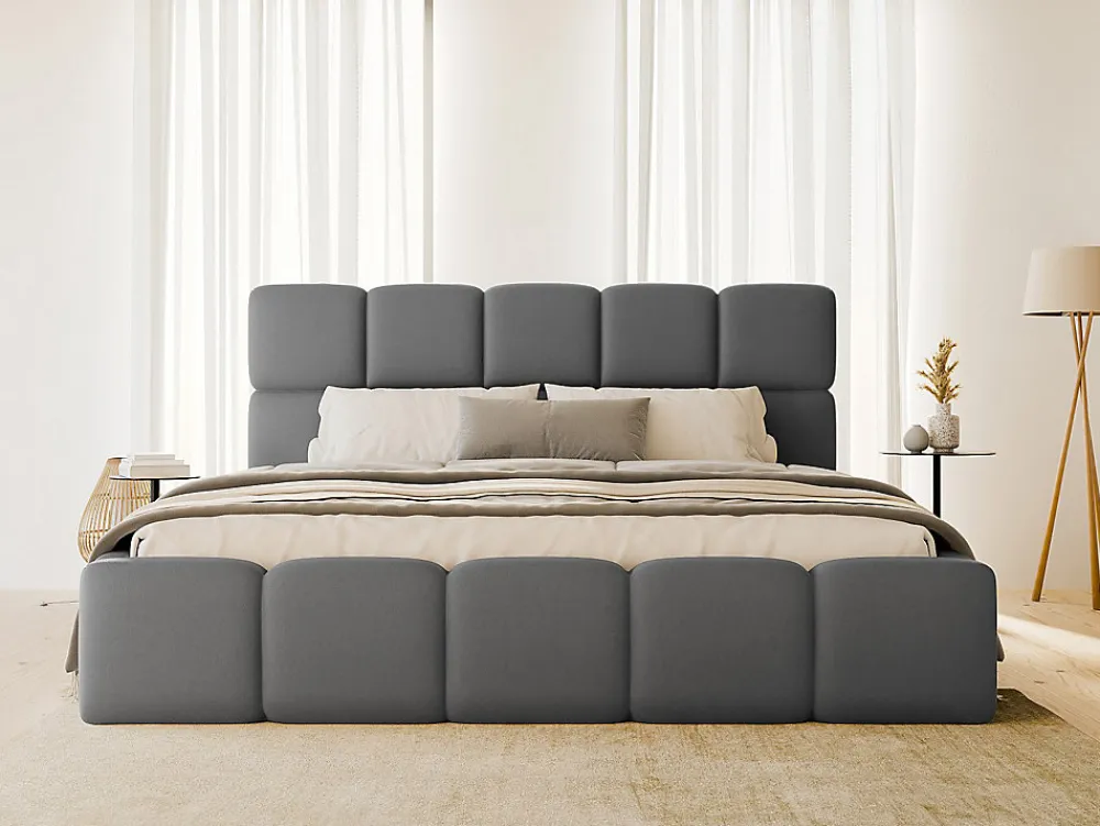 Lit coffre 140 x 190 cm - Tissu effet cuir - Gris - DAMADO>Vente-unique New