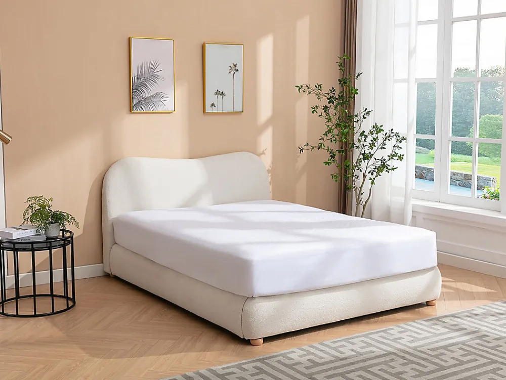 Lit coffre 160 x 200 cm - Tissu bouclette - Blanc + Matelas - VANARI>Vente-unique Outlet