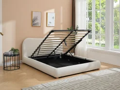 Lit coffre 160 x 200 cm - Tissu bouclette - Blanc + Matelas - VANARI><noscript><img width=