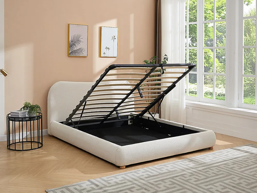 Lit coffre 160 x 200 cm - Tissu bouclette - Blanc + Matelas - VANARI>Vente-unique Outlet