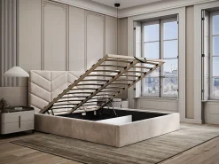 Lit coffre 160 x 200 cm - Tissu texturé - Crème - JUSTANI>Vente-unique Clearance